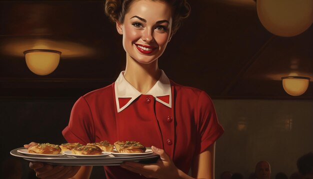 Photo happy waitress holding tray