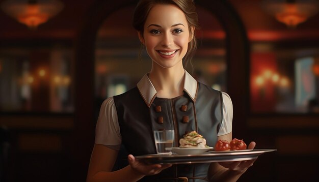 Photo happy waitress holding tray