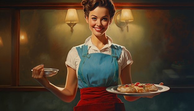 Photo happy waitress holding tray