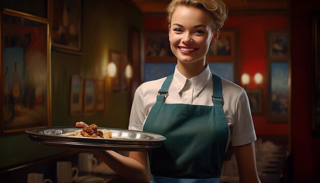 Photo happy waitress holding tray