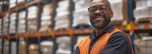 A happy warehouse manager is depicted