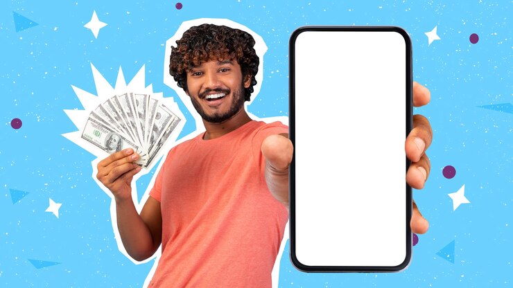 Photo happy wealthy indian guy showing smartphone blank screen and cash