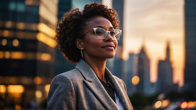 Happy wealthy rich successful black businesswoman standing in big city modern skyscrapers street on