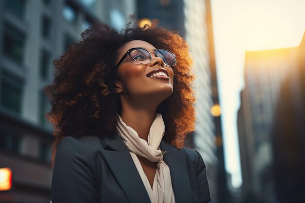 Happy wealthy rich successful black businesswoman standing in big city