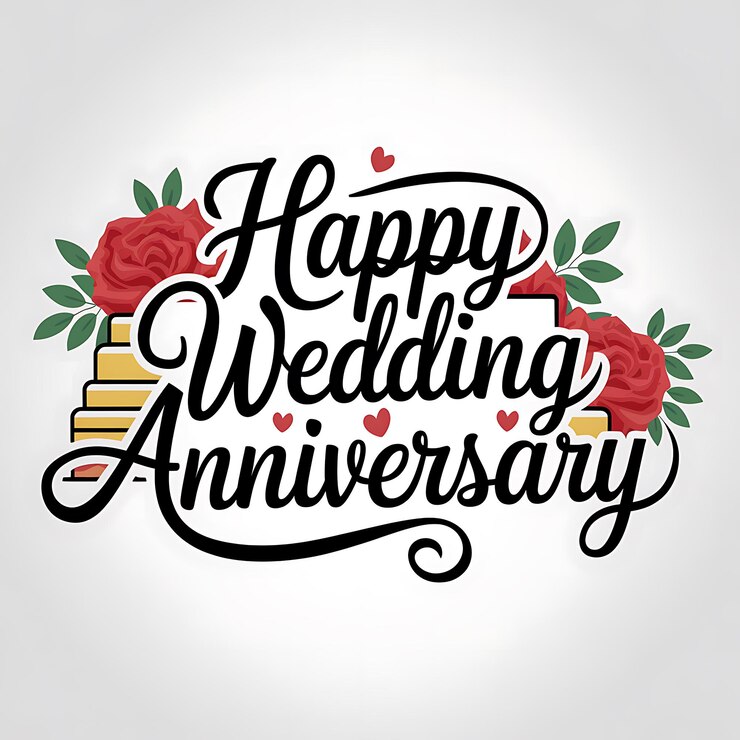 Photo happy wedding anniversary greeting with cake and roses