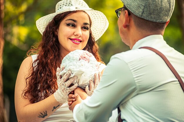 happy wedding couple in beautiful nature landscape