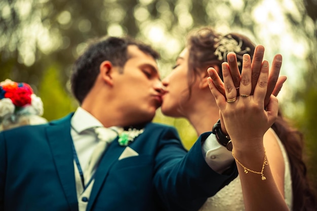 happy wedding couple in beautiful nature landscape