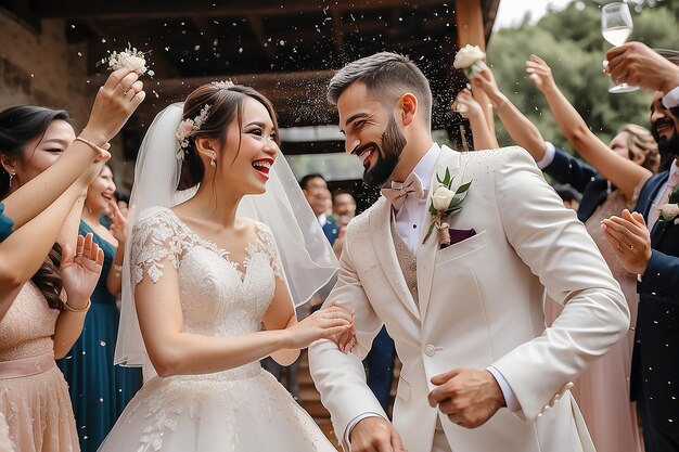 Happy wedding photography of bride and groom at wedding ceremony Wedding tradition sprinkled with rice and grain