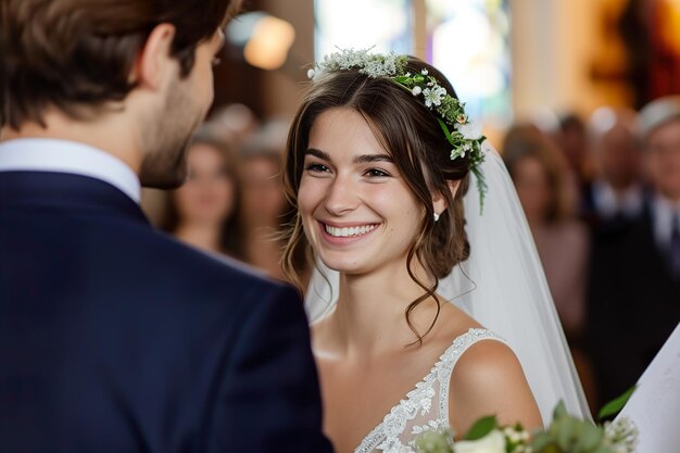 Happy wedding photography of bride and groom at wedding ceremony