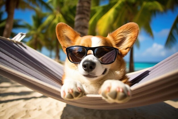 Happy welsh corgi dog lying in hammock on tropical beach