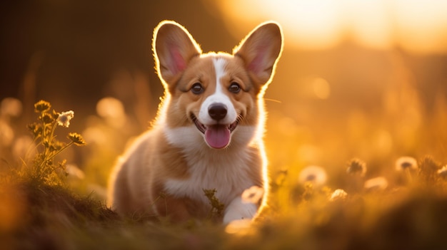 Photo happy welsh corgi puppy runs through the autumn grass and foliage in the park at sunset