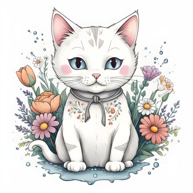 Happy white cat drawing surrounded by flowers isolated on white background