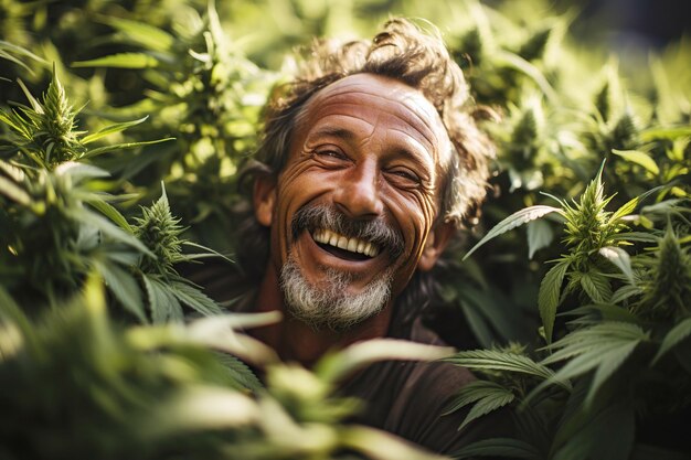 Happy white caucasian man smiles in field of a marijuana plantation