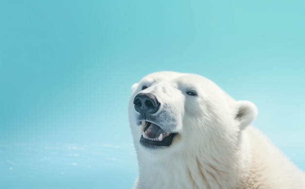 Photo happy white polar bear portrait facing a blue shade