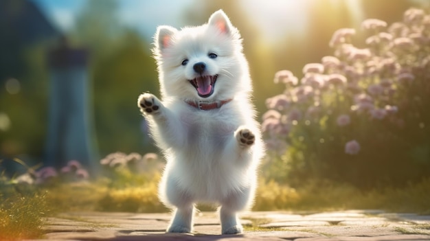 Happy white puppy in nature Generative AI