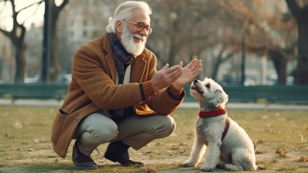 Happy white senior with a beard and spectacles offers his hand to the dog to smell Generative AI