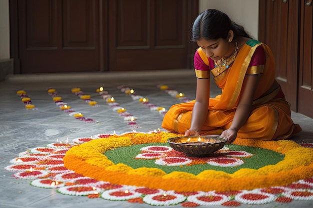 Happy wishes fill the air as indian girl creates fragrant flower rangoli for onamsankranti