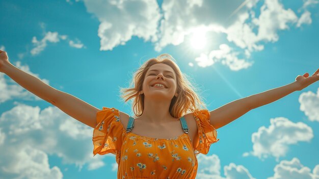 푸른 하늘을 배경으로 행복한 여성 행복한 여성의 날을 위한 자유의 표지 Generative AI