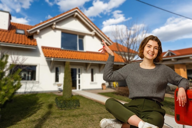 Happy woman on the background of a new house. Portrait of first time buyer, house owner, apartment renter, flat tenant or landlady. Moving day and buying own property concept.