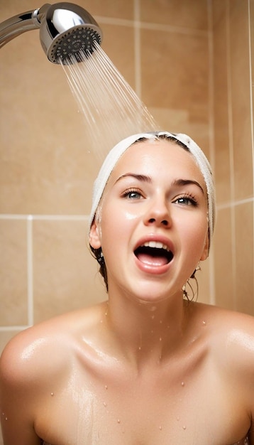 Photo happy woman bathing under the shower