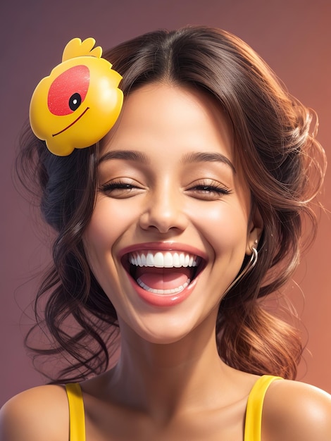 happy woman beautiful smile wearing yellow outfit and flowers in her hair