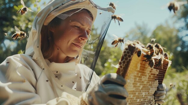 Un'apicoltore donna felice esamina il telaio del nido d'ape nel giardino dell'apiario