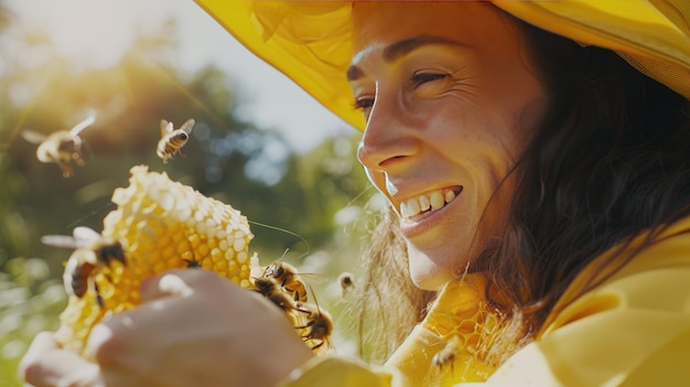 Photo happy woman beekeeper examining honeycomb frame at apiary garden