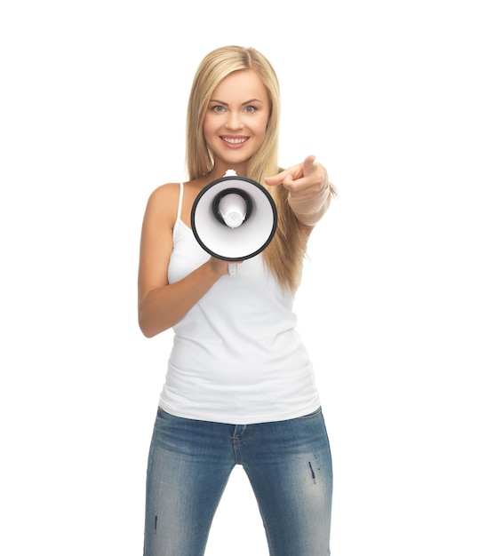 happy woman in blank white t-shirt with megaphone