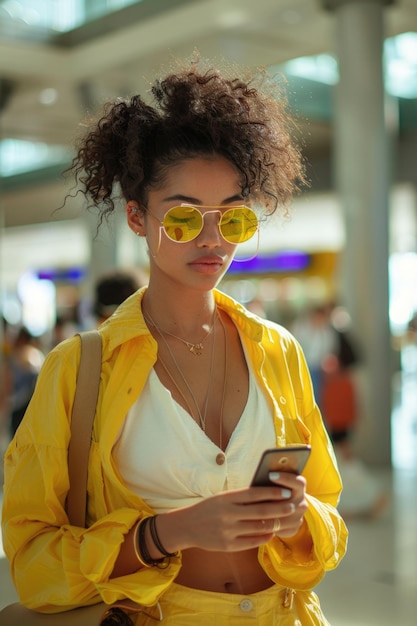 happy woman in bright comfy summer clothes in the airport using smartphone ai generated