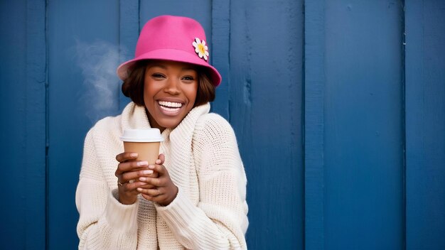 Happy woman in bright pink hat and white warm sweater holds takeaway cup of coffee poses against