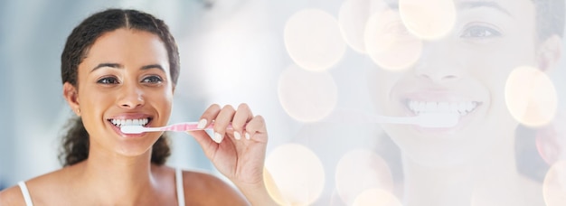 Happy woman brushing teeth and smile for banner or dental hygiene morning routine or bokeh Female person or model cleaning mouth oral and gum care with toothbrush or double exposure mockup
