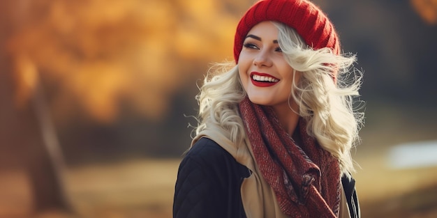 A happy woman captured in an autumnal outdoor portrait Generative Ai
