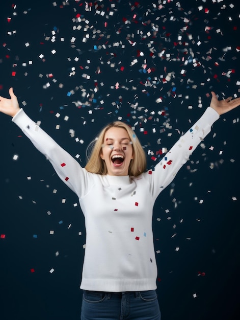 Happy woman celebrating on a solid background