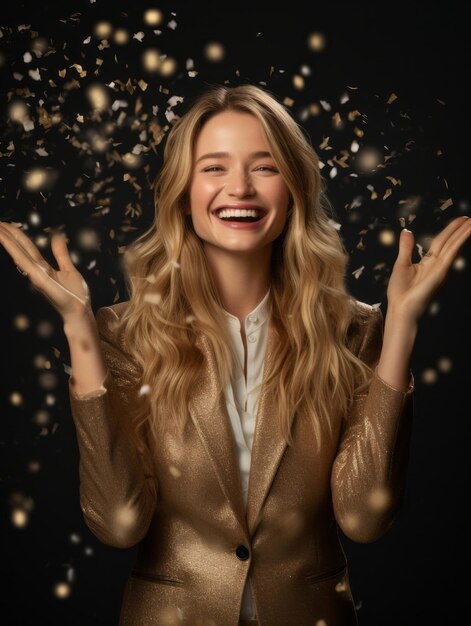 Happy woman celebrating on a solid background