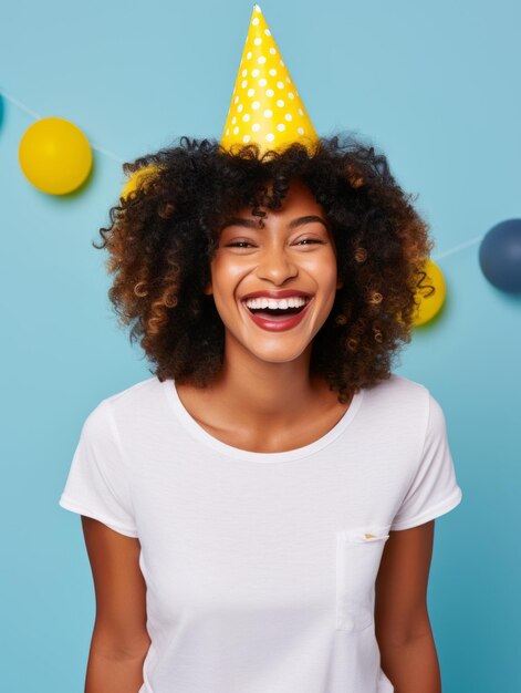 Happy woman celebrating on a solid background