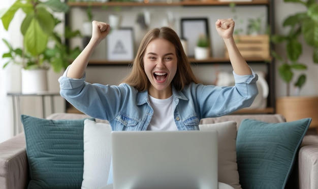 A happy woman celebrating winning or business success working at a laptop at home