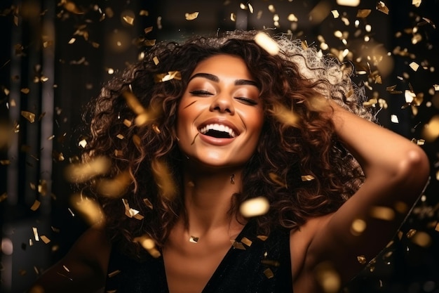 Happy woman at celebration party with confetti falling everywhere on her Birthday or New Year eve celebrating concept