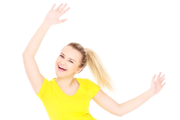 a happy woman cheering over white background