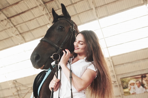 A happy woman communicates with her favorite horse. The woman loves animals and horseback riding