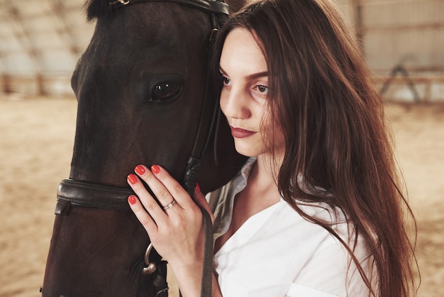 A happy woman communicates with her favorite horse. The woman loves animals and horseback riding