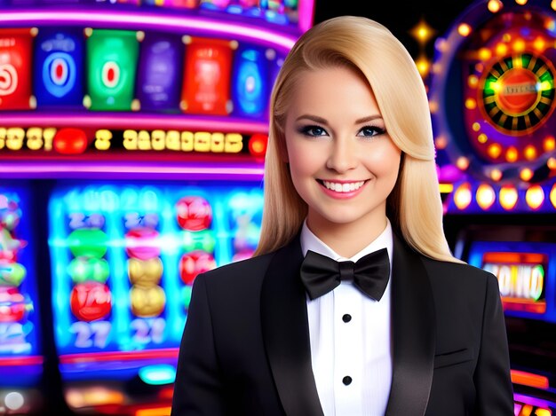 happy woman croupier or dealer wearing a tuxedo