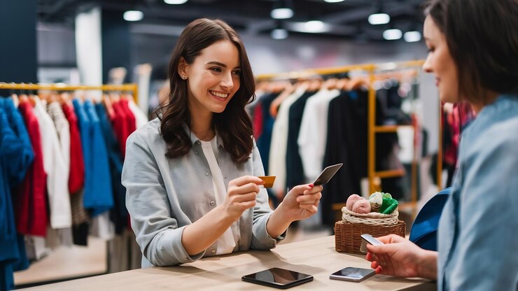 Photo happy woman customer paying with credit card in fashion showroom