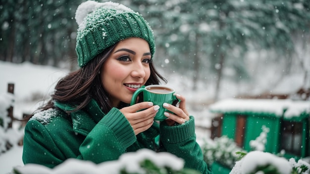 Happy woman day with green background snowfall and drinking tea in winter