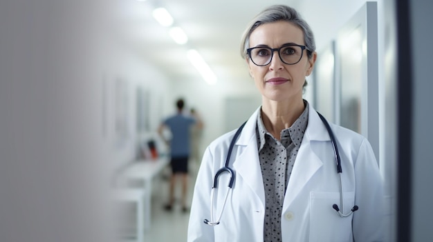 Happy woman doctor examining or treating a patient In a hospital with Generative AI