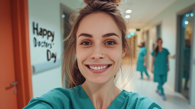 Happy woman doctor and portrait in selfie for picture memory or photo of doctor at hospital