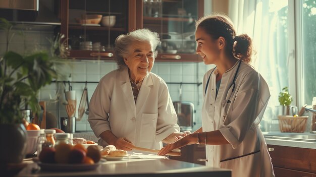 Happy woman doctor take care older woman on at home