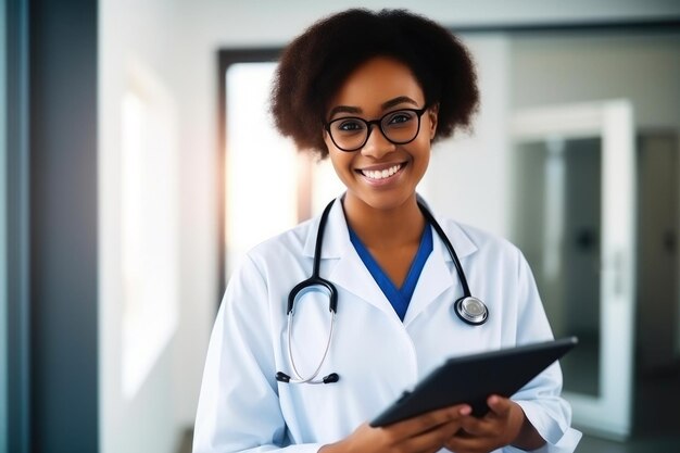 Happy Woman Doctor Using Digital Tablet with a Smile