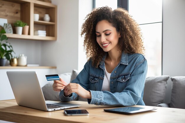 Foto donna felice che fa acquisti online tramite laptop e carta di credito a casa