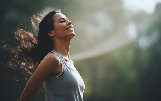 Happy woman doing workout fitness at morning