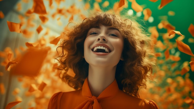 A happy woman dressed in orange on a green background